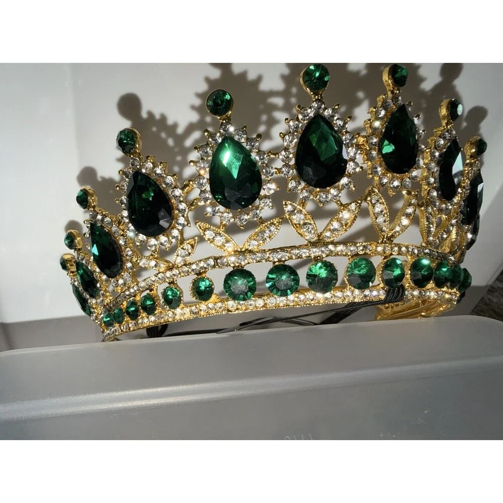 Miss Smokey Mountain Christmas Pageant Crown Gold And Green Rhinestone With Sash